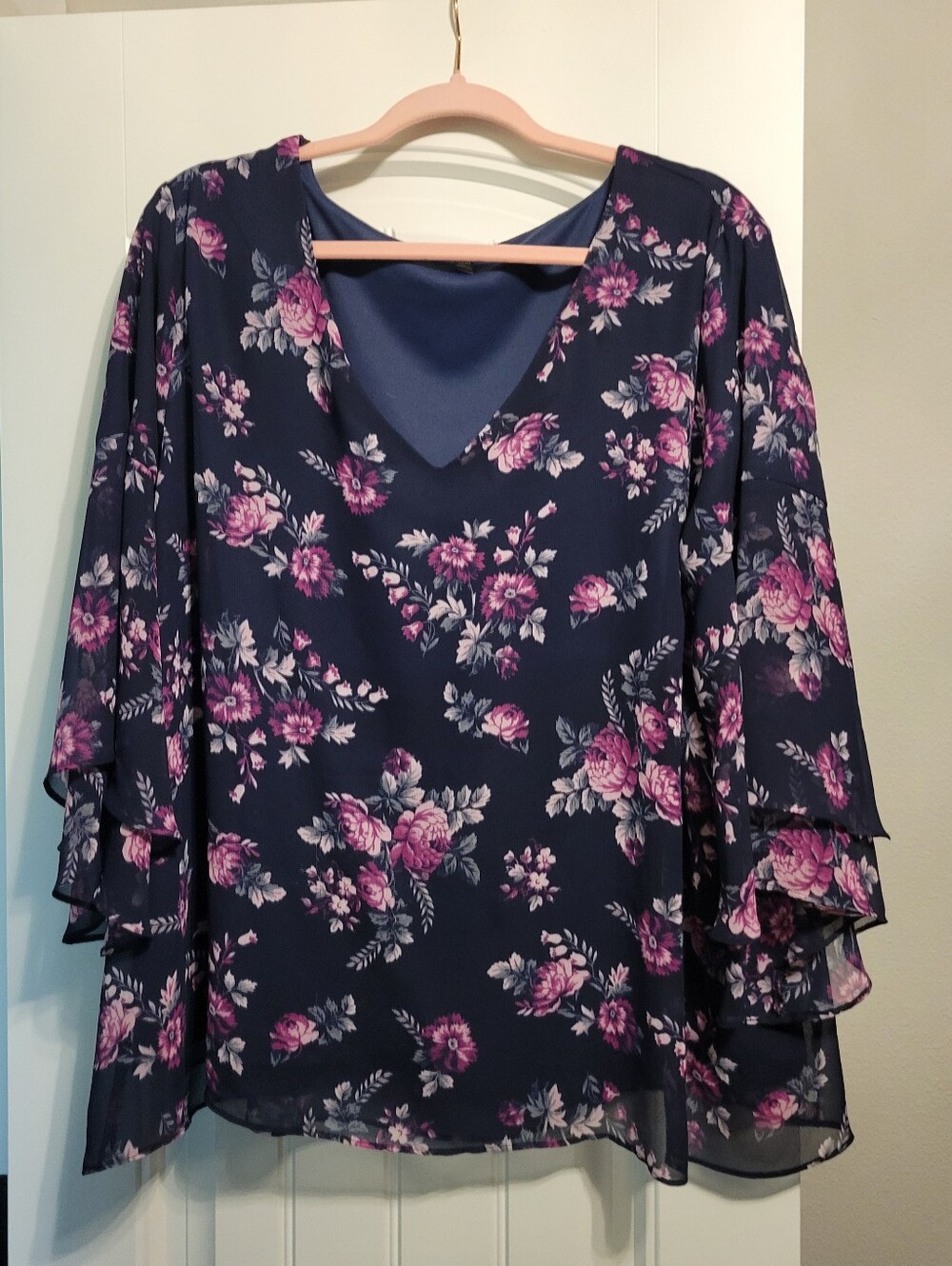 Lane Bryant Navy Floral V-Neck Blouse with Purple-Pink Roses